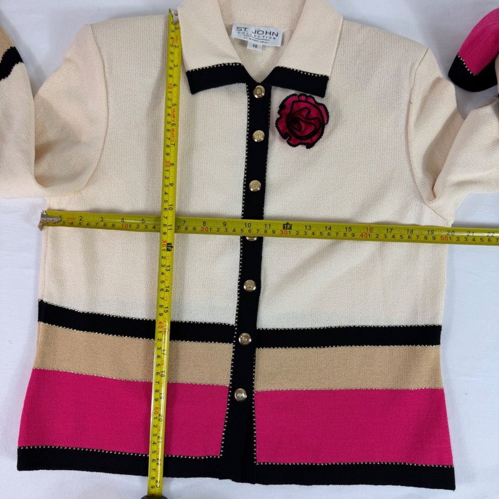 Vintage St.John Collection Santana Knit Dress Jacket Pin Set Pink Cream 10 USA - Picture 8 of 16